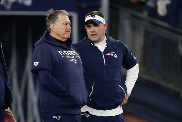 Jan 4, 2020; Foxborough, Massachusetts, USA; New England Patriots head coach Bill Belichick and offensive coordinator Josh McDaniels on the field before their playoff game against the Tennessee Titans at Gillette Stadium.